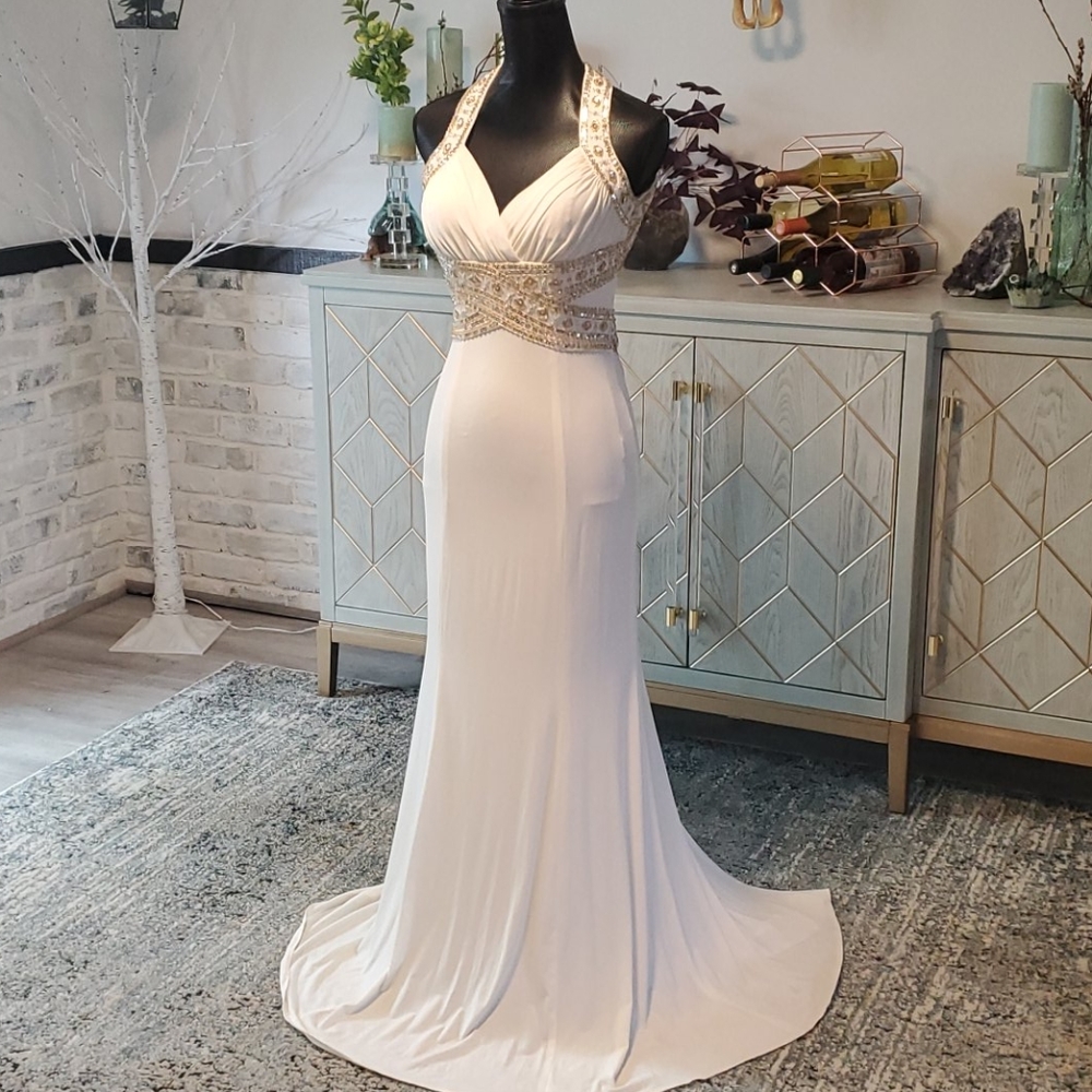 White Gown Dress with Gold & Silver Sequins for wedding or event